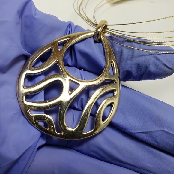 Gold-tone Multi Strand Wires Necklace with Big Filigree Pendant C1 - Picture 4 of 9